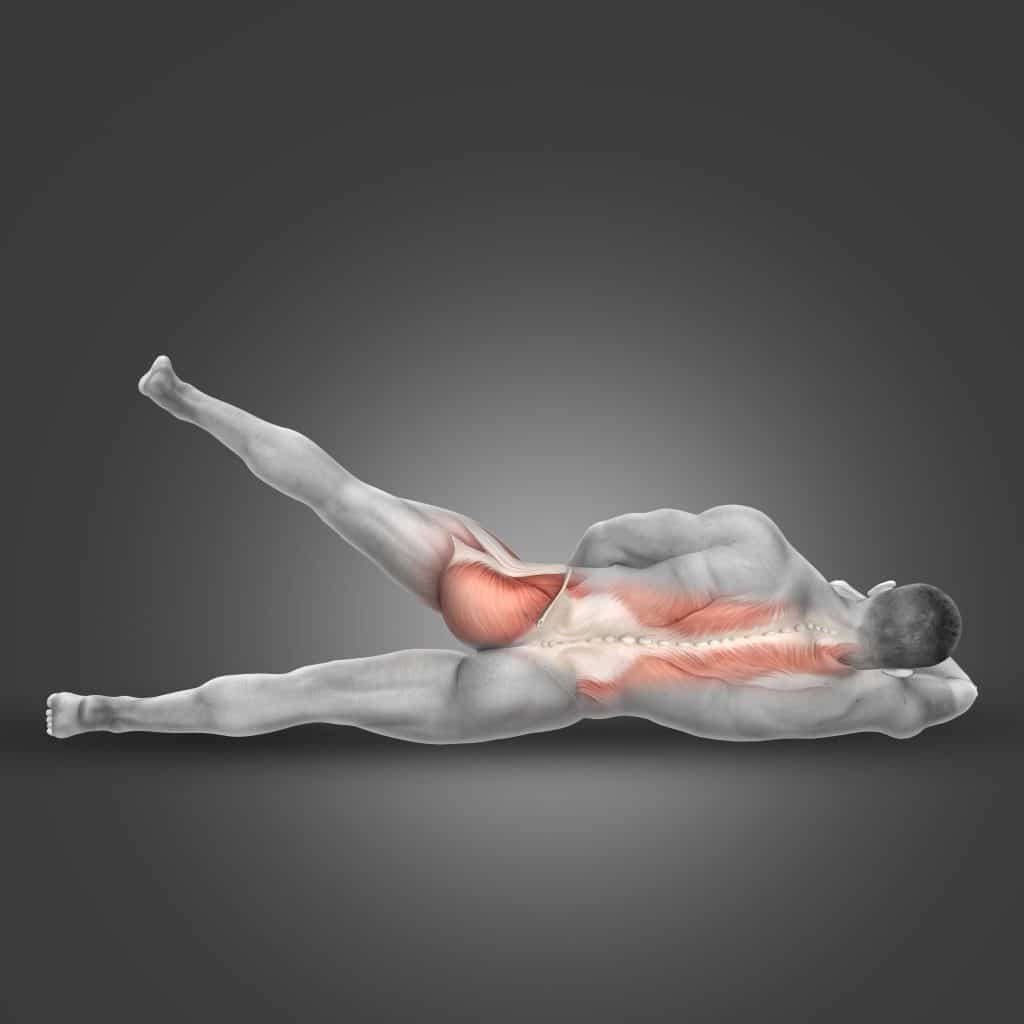 3D figure lying on side lifting leg to illustrate hip abduction