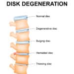 Disc degeneration illustration showing the normal wear and tear process of an aging spine, including a normal disc, degenerative disc, bulging disc, herniated disc, and thinning disc
